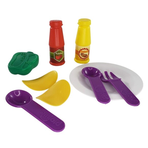 Amloid Pretend Food Toy Kitchen Set Plate Fork & Spoon Ketchup Mustard Bottles - Picture 1 of 6